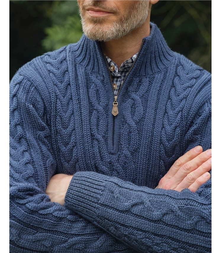 Pure Wool Knitted Aran Cable Zip Neck Jumper