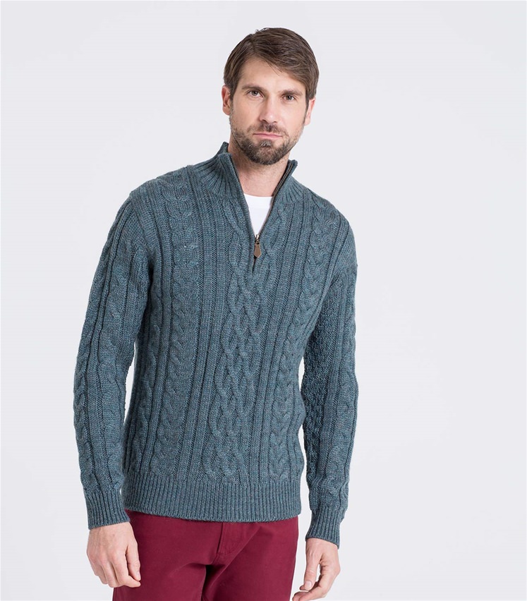 Kiltimagh | Mens Pure Wool Aran Cable Zip Neck Knitted Sweater ...