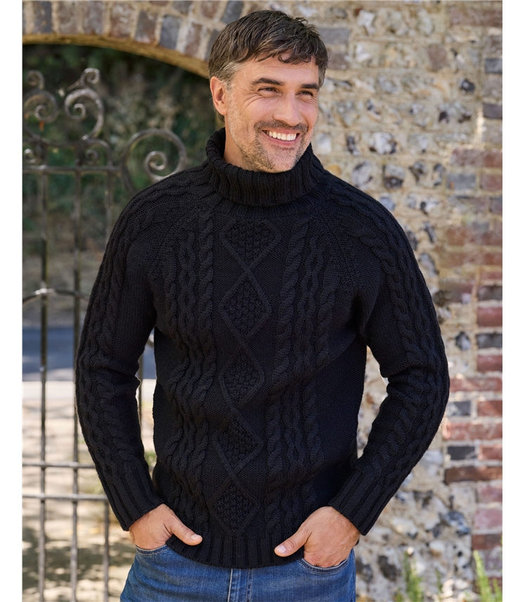 Pure Wool Knitted Aran Polo Neck Jumper