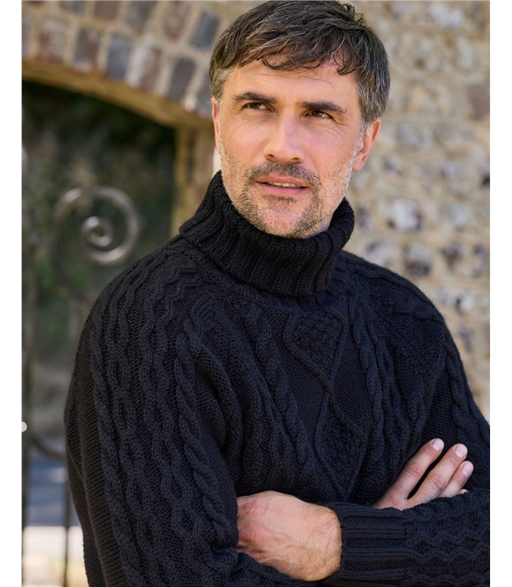 Pure Wool Knitted Aran Polo Neck Jumper