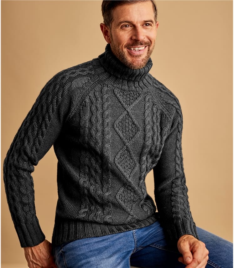 Charcoal | Mens Pure Wool Aran Polo Neck Jumper | WoolOvers AU