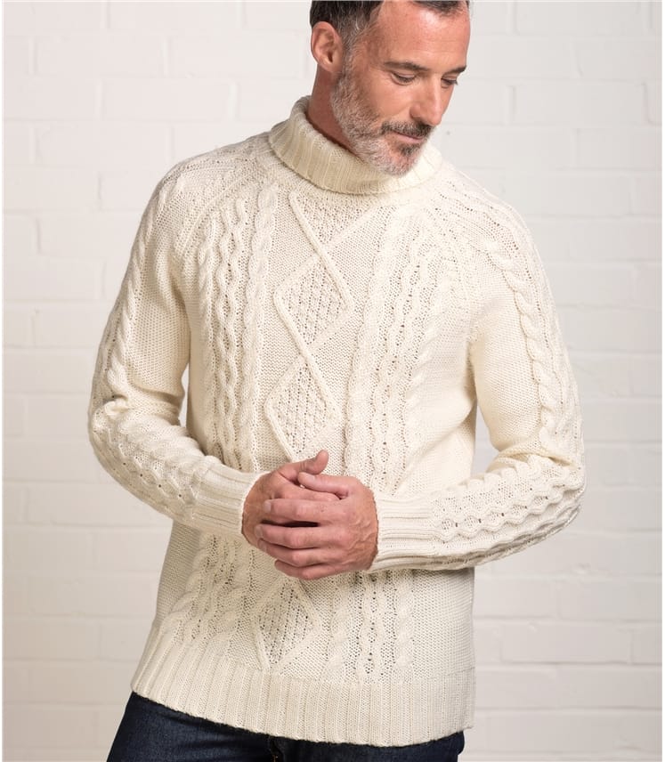 Cream | Mens Pure Wool Aran Polo Neck Jumper | WoolOvers AU
