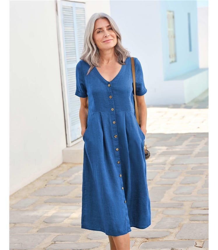 Robe boutonnée en lin à col en V - Femme