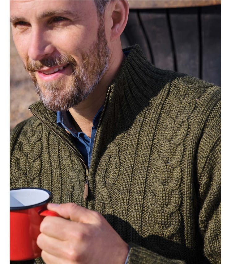 Pure Wool Knitted Aran Cable Zip Neck Jumper