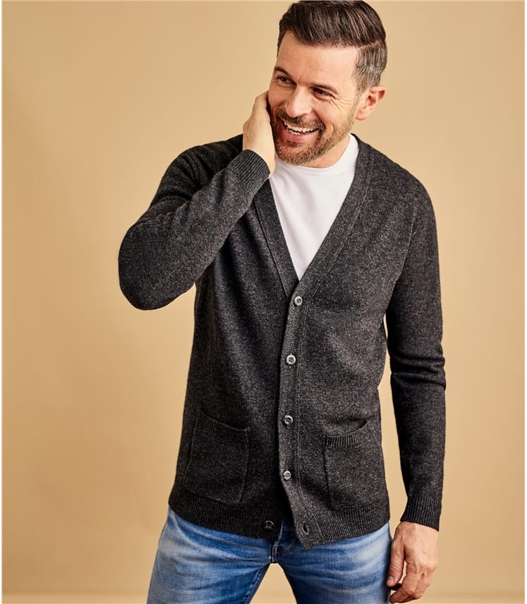 Charcoal Mens  Lambswool V  Neck  Cardigan  WoolOvers UK