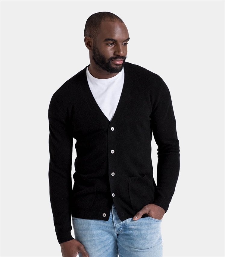 Black | Mens Cashmere & Merino V Neck Cardigan | WoolOvers UK