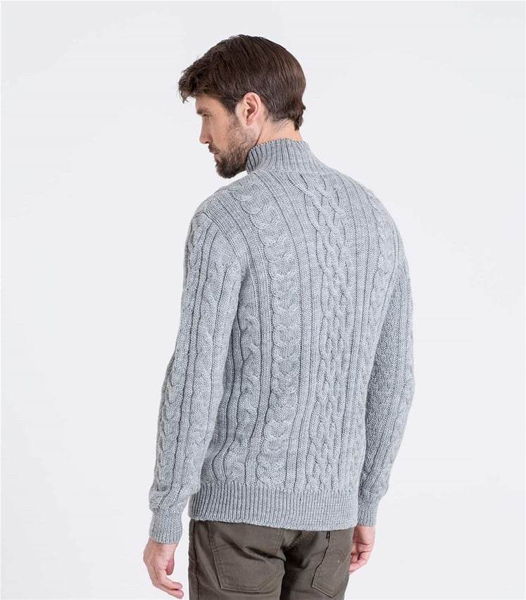 Flannel Grey | Mens Pure Wool Aran Cable Zip Neck Knitted Sweater ...