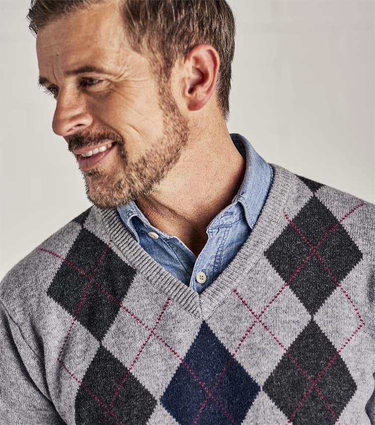 Flannel/Burgundy/Nvy Mens Lambswool V Neck Argyle Jumper WoolOvers UK