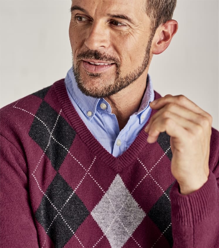 Burgundy/Cream/Flann Mens Lambswool V Neck Argyle Sweater WoolOvers US