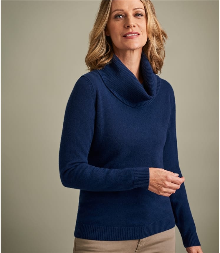 Navy | Womens Pure Cashmere Cowl Neck Sweater | WoolOvers US
