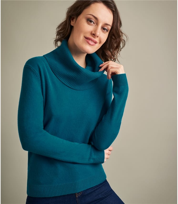 Teal Pure Cashmere | Womens Pure Cashmere Cowl Neck Jumper