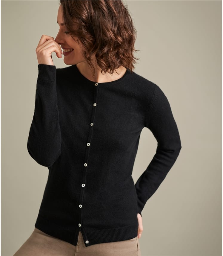 Black | Womens Pure Cashmere Crew Neck Cardigan | WoolOvers UK