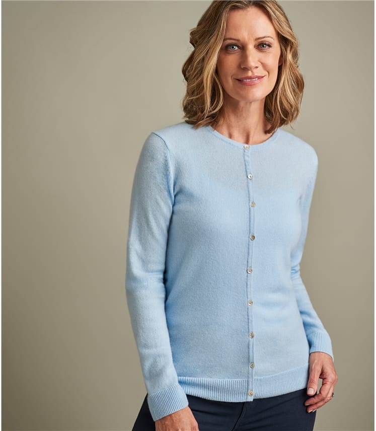 Soft Blue | Womens Pure Cashmere Crew Neck Cardigan | WoolOvers AU