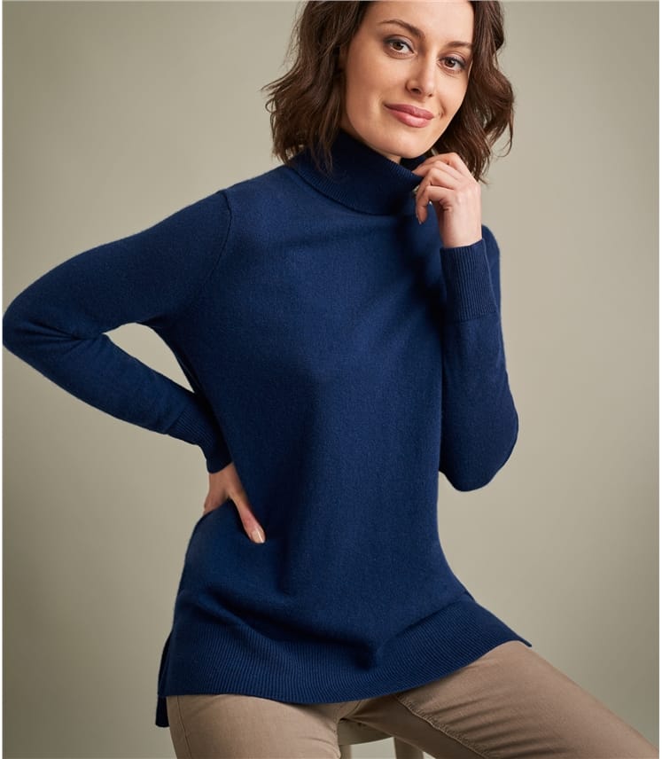 Navy | Womens Pure Cashmere Roll Neck Jumper | WoolOvers UK