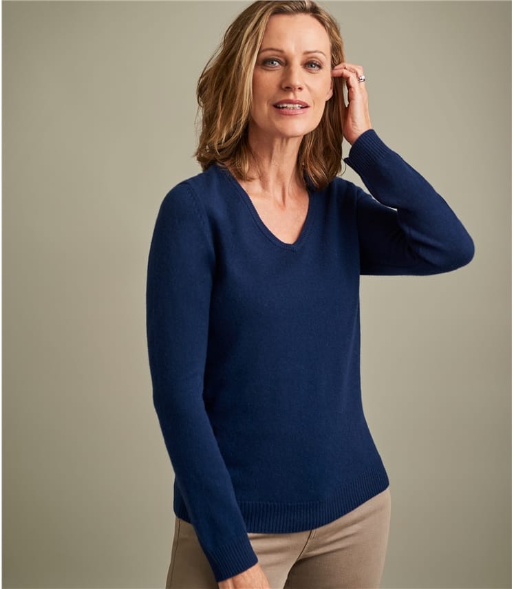 Navy | Womens Pure Cashmere V Neck Jumper | WoolOvers AU
