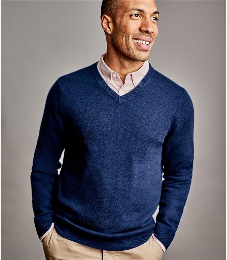 Navy | Mens Pure Cashmere V Neck Sweater | WoolOvers US