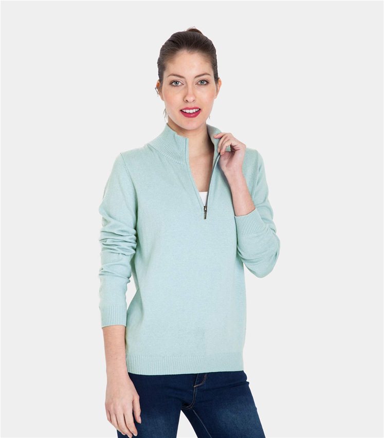 Pale Blue Womens Cashmere & Cotton Zip Neck Jumper WoolOvers AU