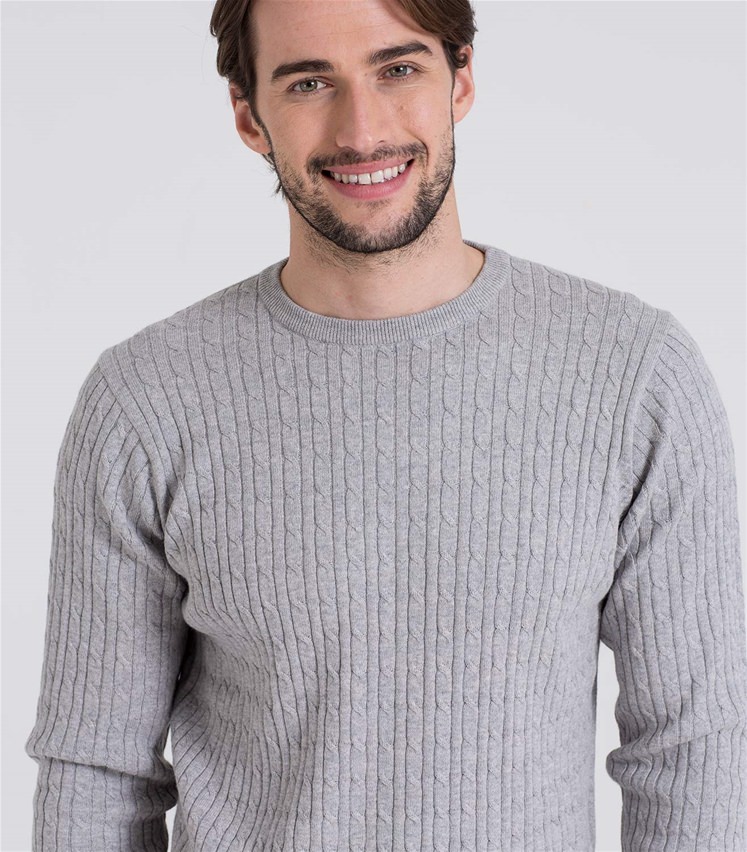 Grey Marl | Mens Cashmere & Cotton Cable Crew Neck Sweater | WoolOvers AU