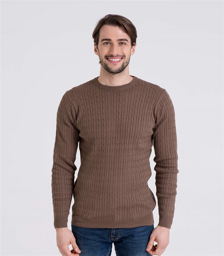 Mocha | Mens Cashmere & Cotton Cable Crew Neck Sweater | WoolOvers AU