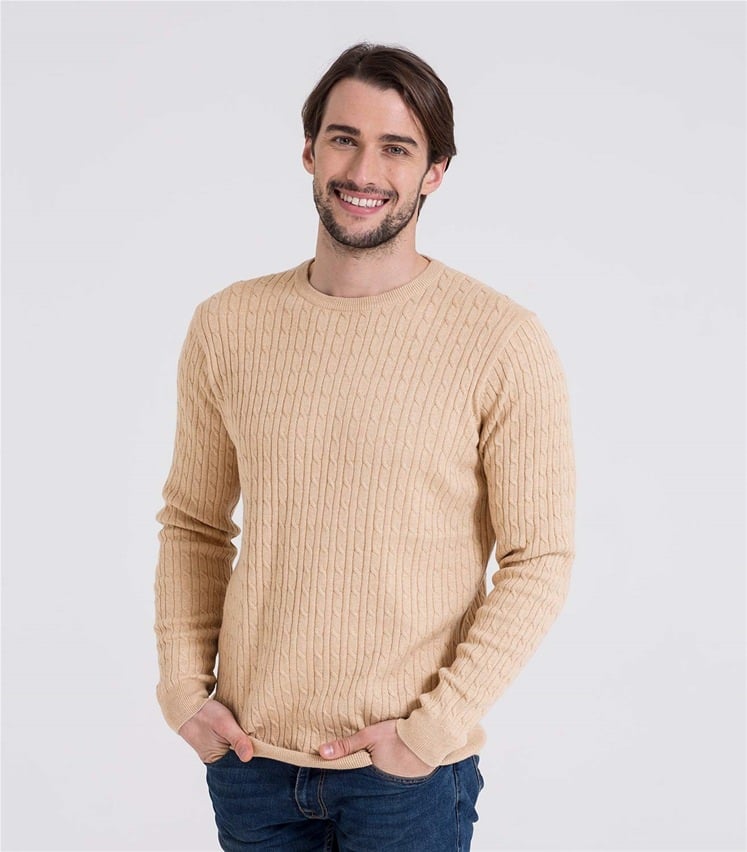 Sand | Mens Cashmere & Cotton Cable Crew Neck Sweater | WoolOvers AU