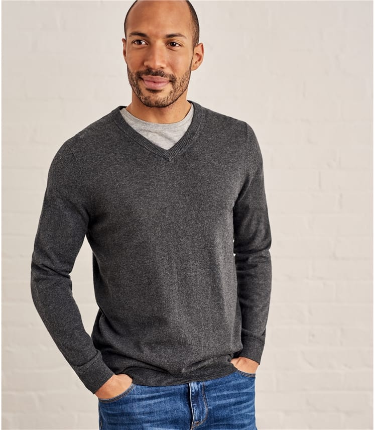 Charcoal | Mens Cashmere & Cotton V Neck Jumper | WoolOvers UK