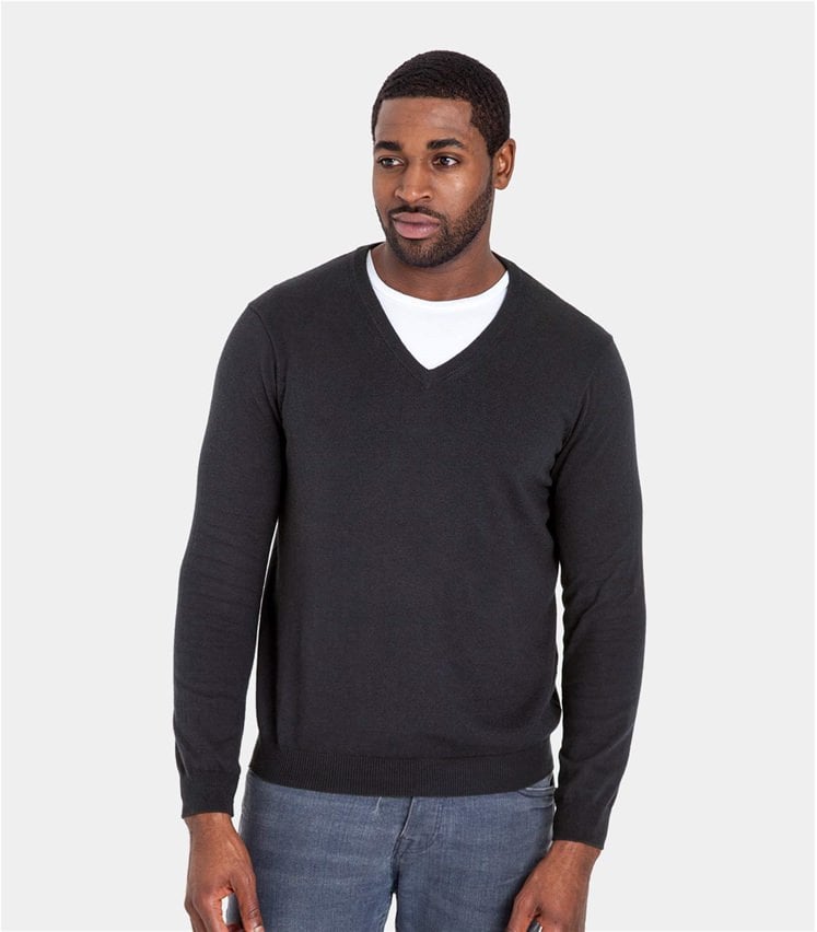 Classic Navy | Mens Cashmere & Cotton V Neck Sweater | WoolOvers US