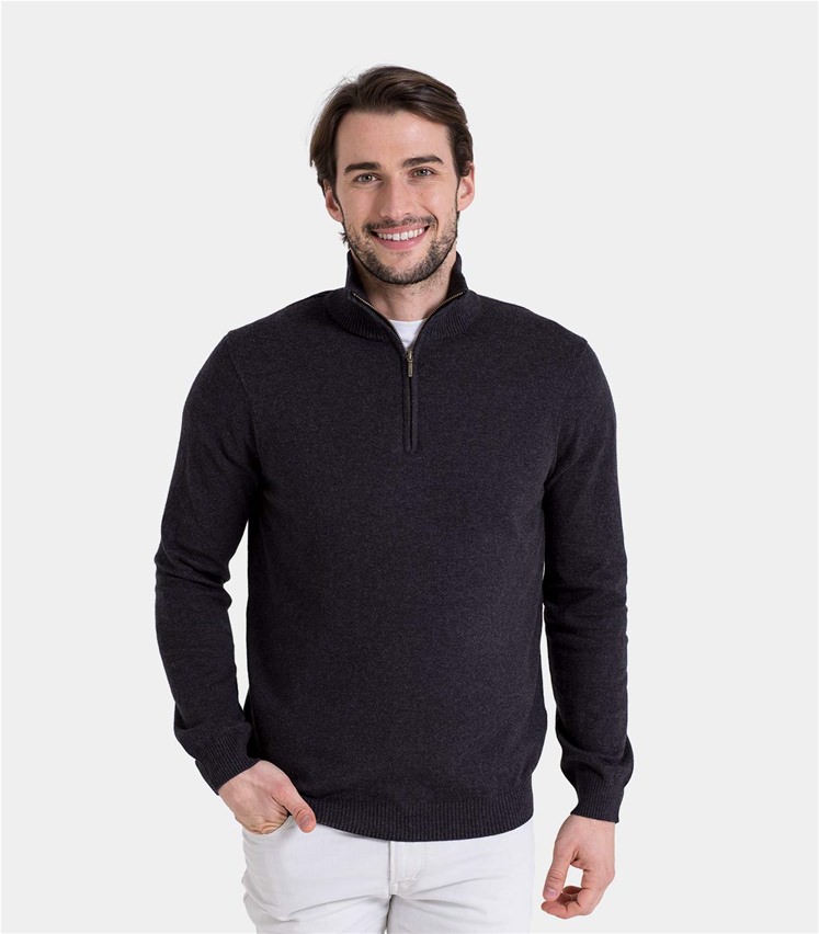 Charcoal | Mens Cashmere & Cotton Zip Neck Jumper | WoolOvers AU