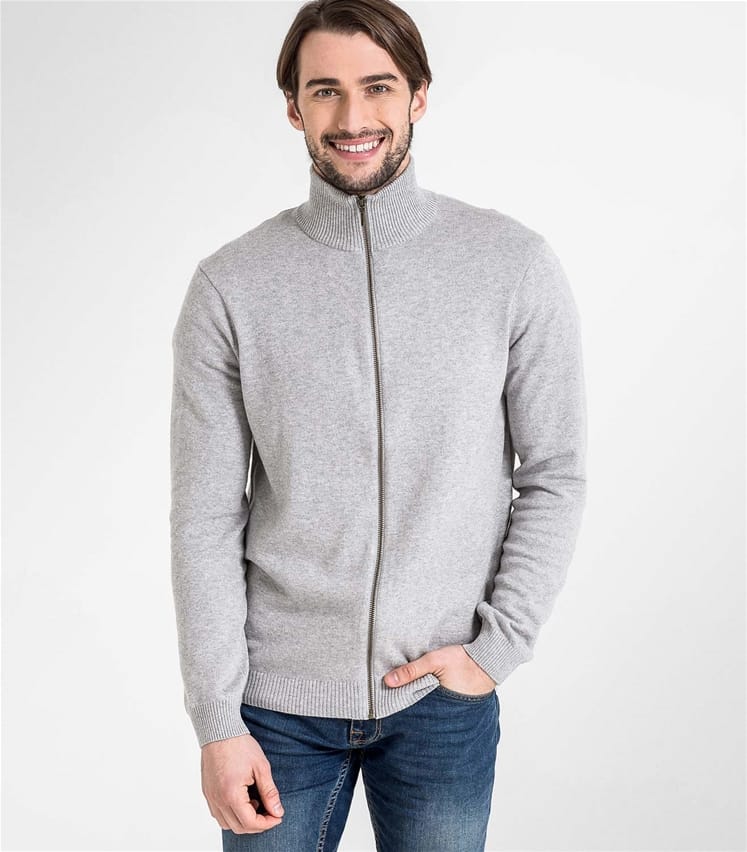 Grey Marl | Mens Cashmere & Cotton Zip Through Cardigan | WoolOvers UK