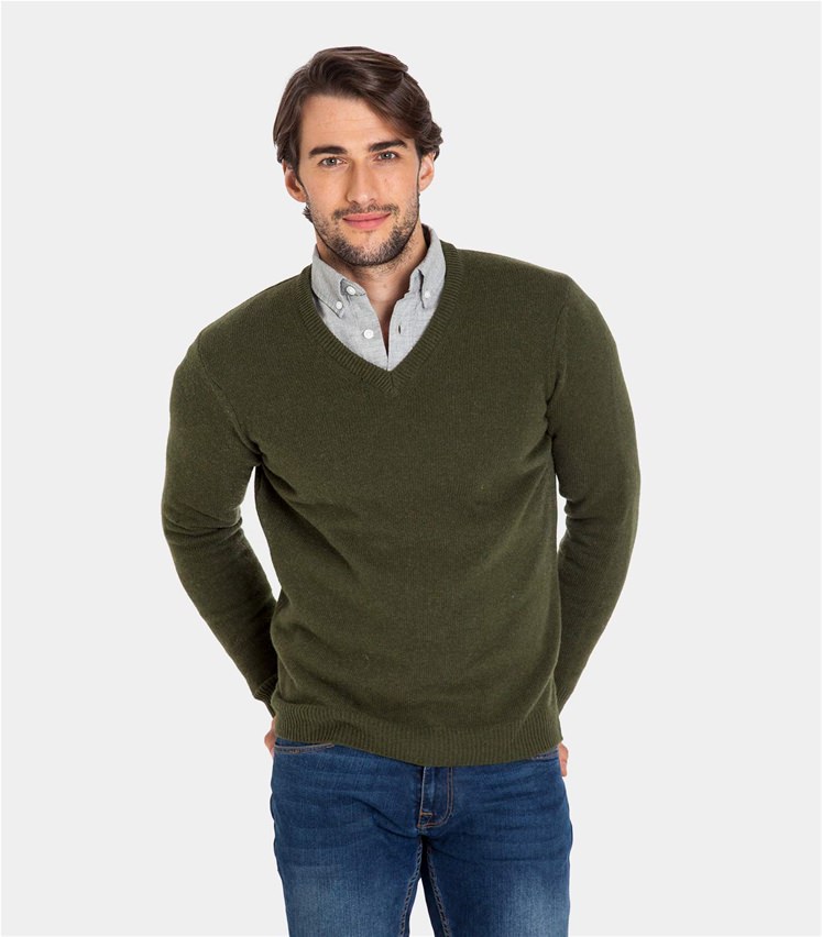Moss Green | Mens Lambswool V Neck Knitted Sweater | WoolOvers UK