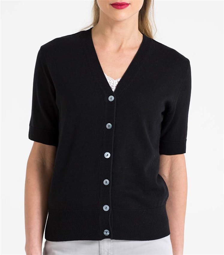 Black | Womens Silk & Cotton Short Sleeved V-Neck Cardigan | WoolOvers AU