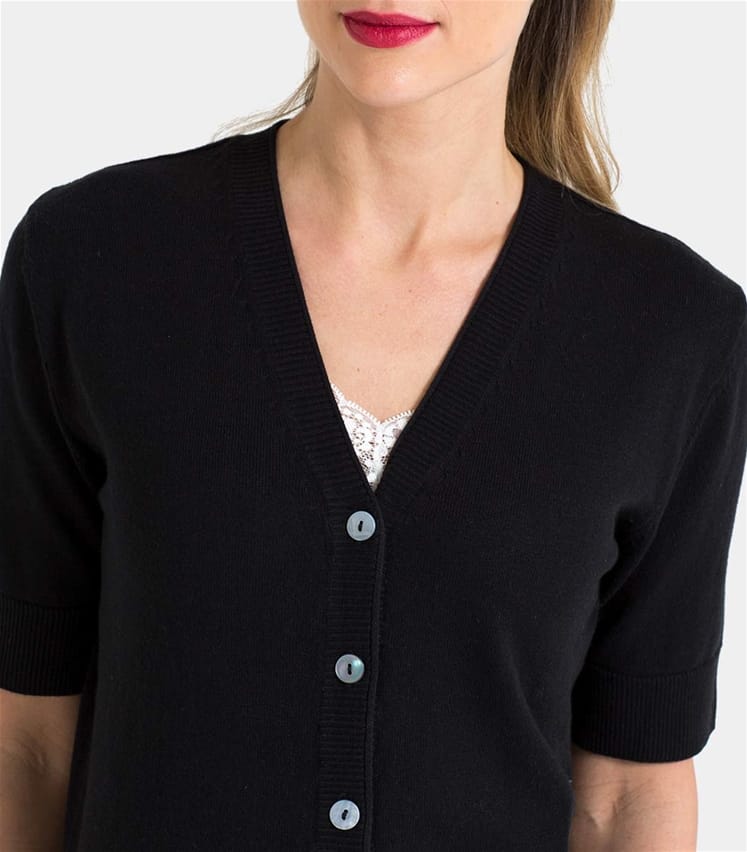 Black | Womens Silk & Cotton Short Sleeved V-Neck Cardigan | WoolOvers AU