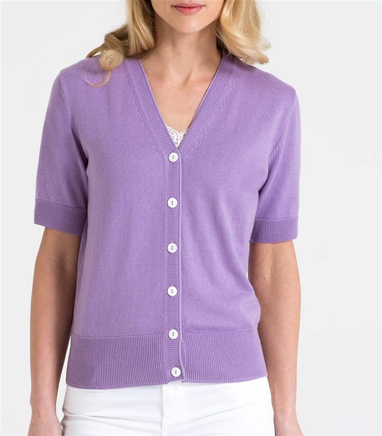 Deep Lilac | Womens Silk & Cotton Short Sleeved V-Neck Cardigan