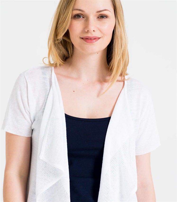 White Womens Lightweight Linen Mix Short Sleeve Waterfall Cardigan