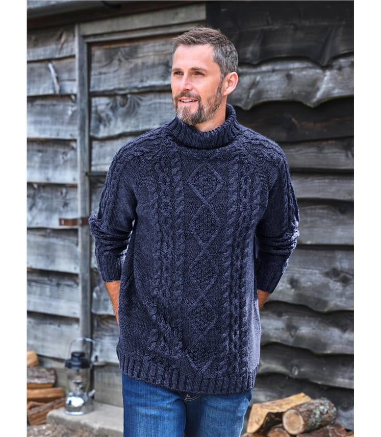Pure Wool Knitted Aran Polo Neck Jumper