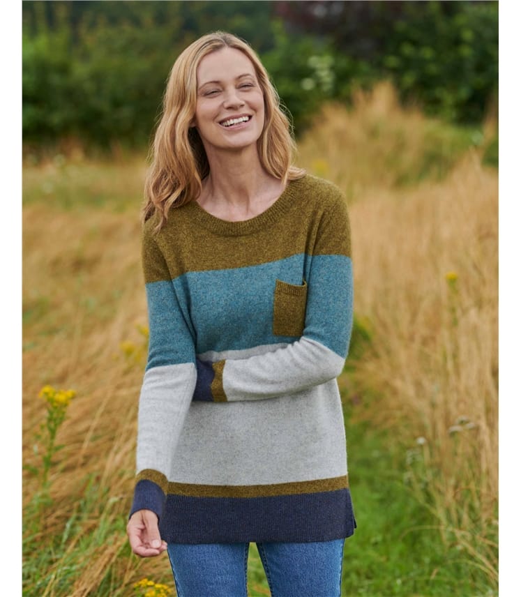 Grey/Blue/Green | Colour Block Pocket Jumper | WoolOvers UK