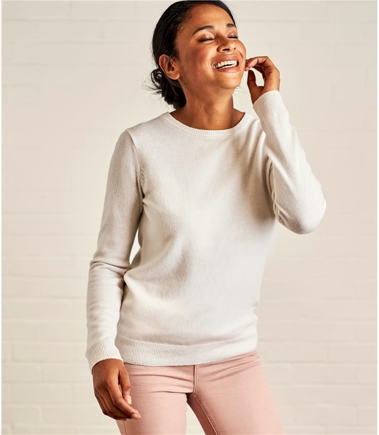 Cream (Winter White) Womens Cashmere & Merino Crew Neck Knitted