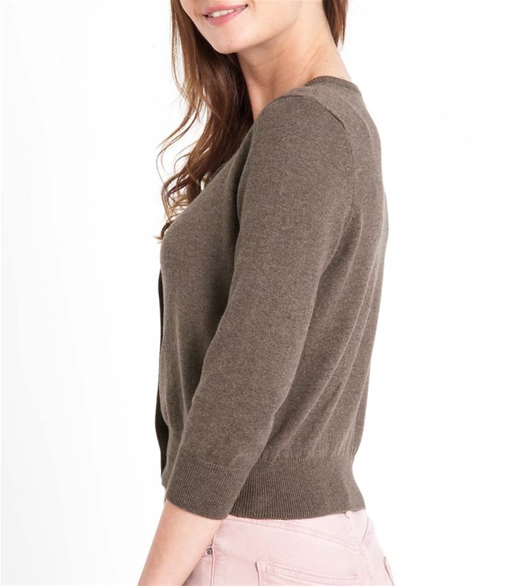 Brown Marl | Womens Silk & Cotton 3/4 Sleeve Crop Cardigan | WoolOvers AU