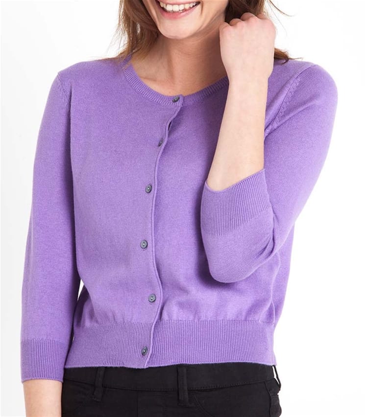 Deep Lilac Womens Silk & Cotton 3/4 Sleeve Crop Cardigan WoolOvers AU
