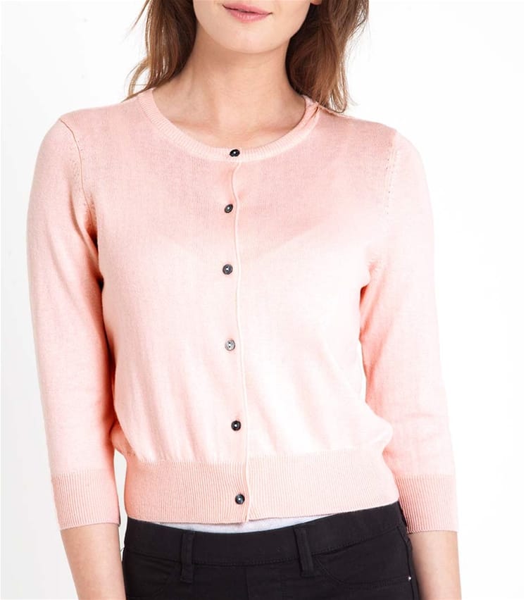 Pale Pink | Womens Silk & Cotton 3/4 Sleeve Crop Cardigan | WoolOvers UK