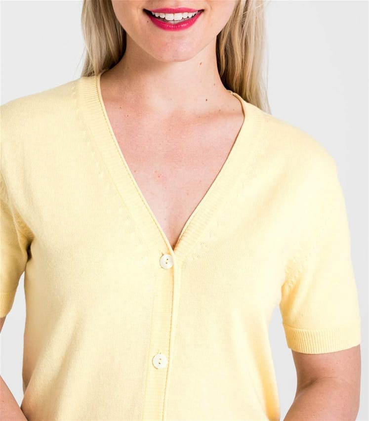Lemon | Womens Silk & Cotton Short Sleeved V-Neck Cardigan | WoolOvers AU