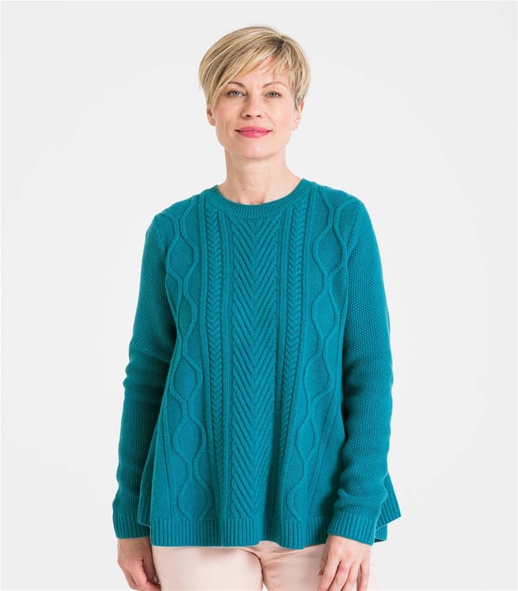 Persian Teal Womens Cable Front Swing Jumper WoolOvers UK