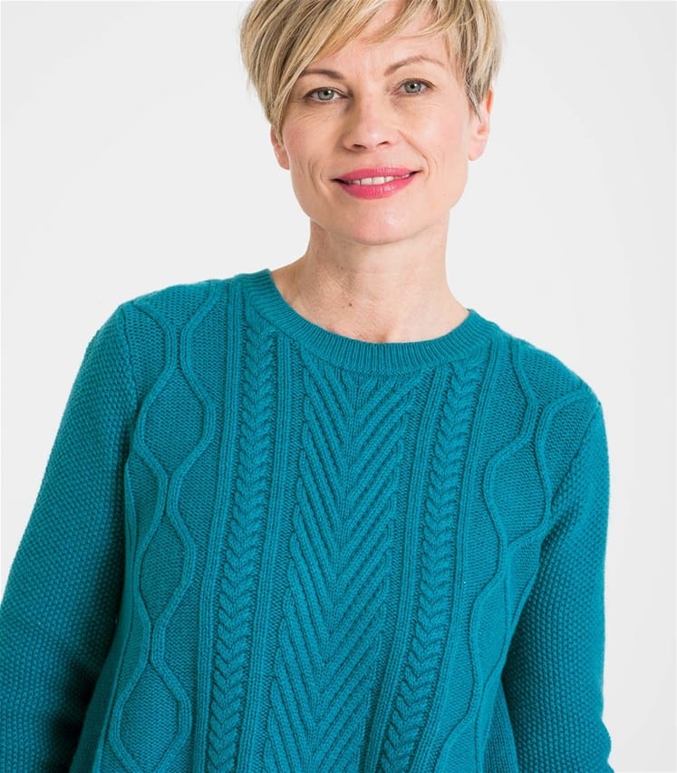 Persian Teal Womens Cable Front Swing Jumper WoolOvers UK