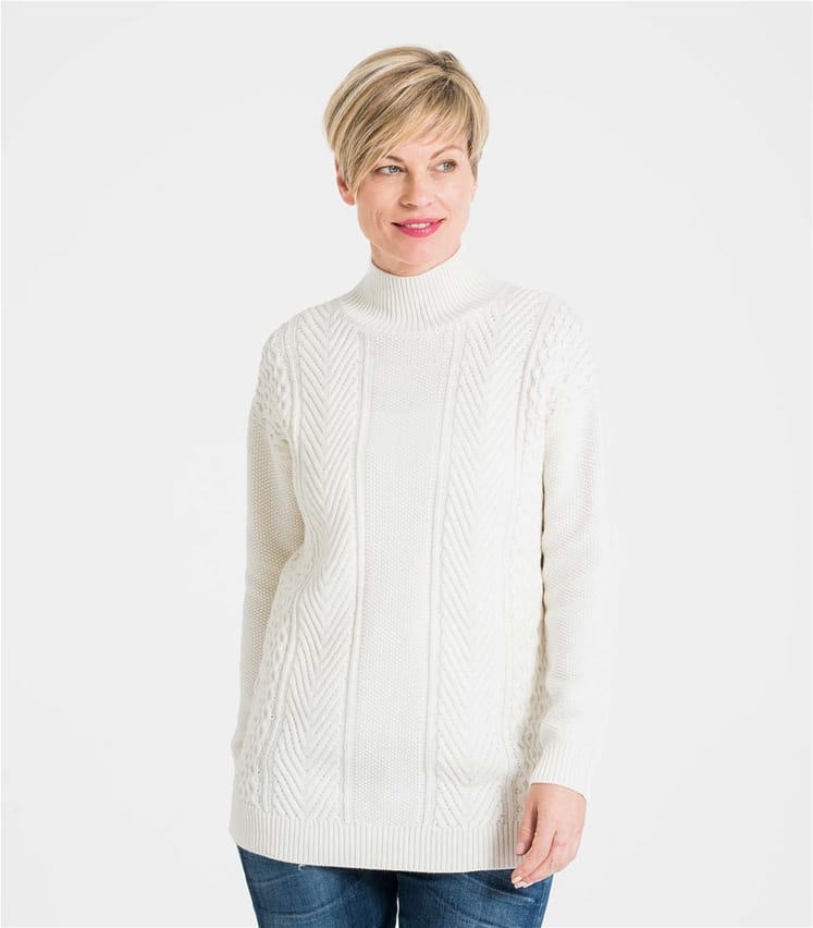 Cream | Womens Mixed Moss Stitch Turtle Neck Sweater | WoolOvers US