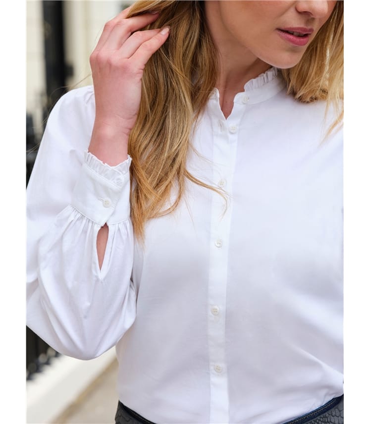 Washed Cotton Frilled Stand Collar Shirt
