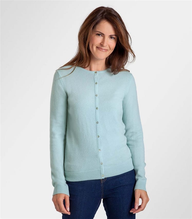 Dusty Mint | Womens Pure Cashmere Crew Neck Cardigan | WoolOvers AU