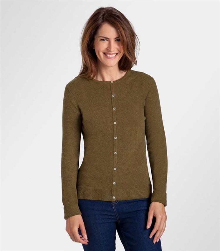 Fern Green | Womens Pure Cashmere Crew Neck Cardigan | WoolOvers AU