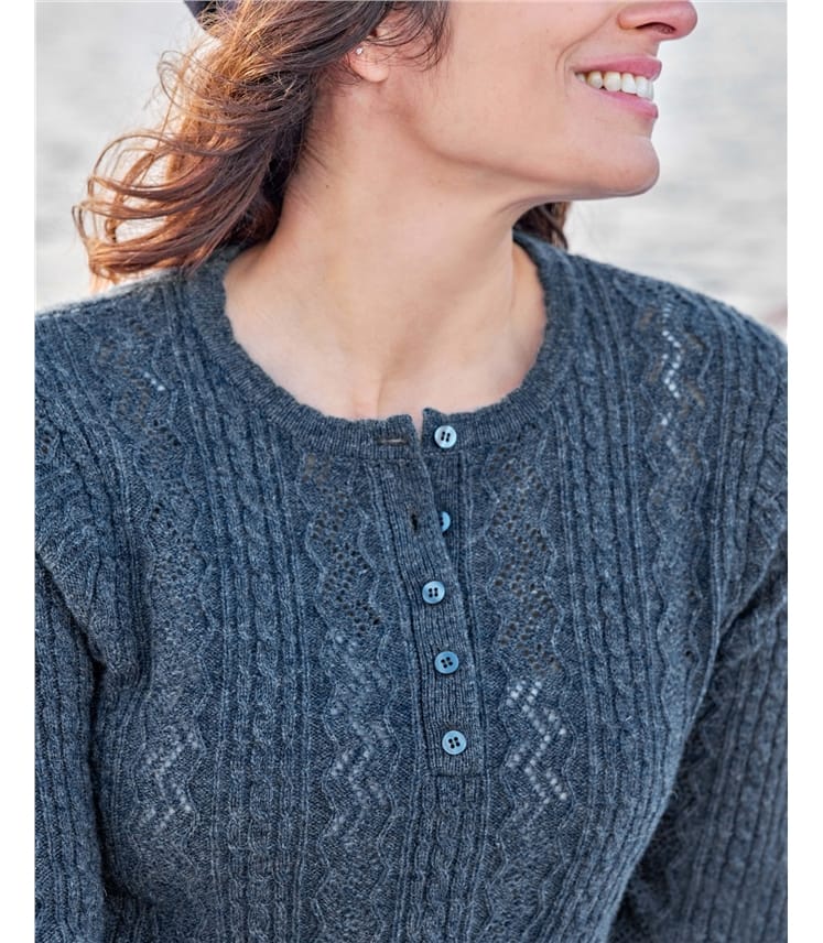 Pointelle And Cable Stitch Henley Sweater