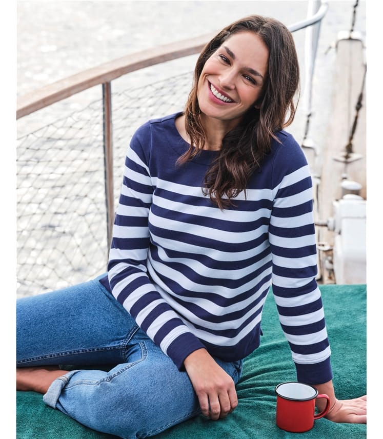 Navy/White Stripe | Split Hem Button Back Sweatshirt | WoolOvers UK