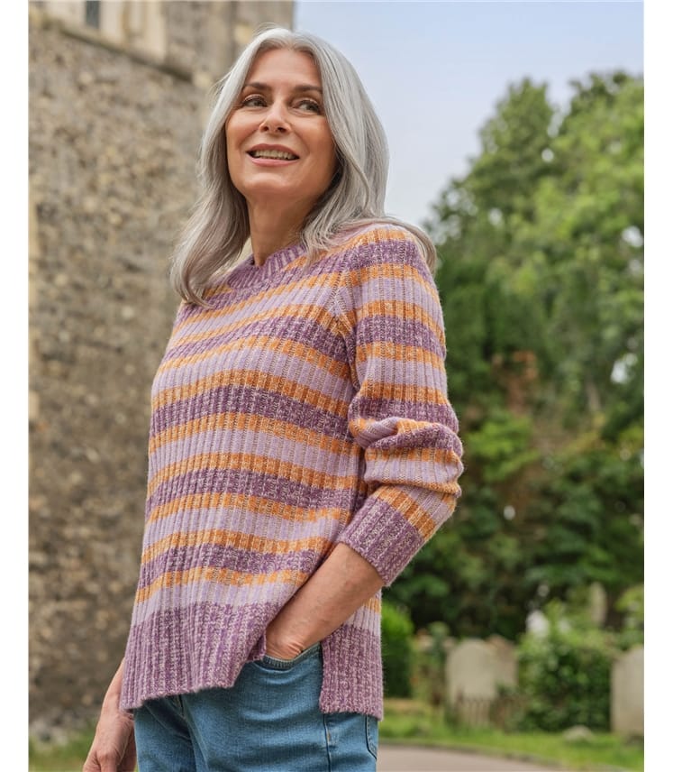 Melierter Rippstickpullover mit Streifen