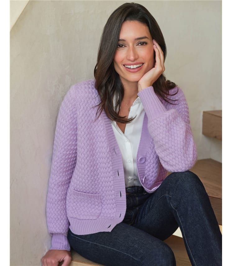 Lilac Wool Cashmere Basket Weave V Neck Cardigan WoolOvers UK